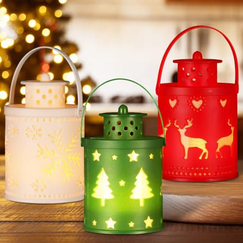 Weihnachtsdeko Laterne, 3 Stück Weihnachten Elch Weihnachtsbaum Laterne, LED Weihnachtslaterne, Windlicht Tischdeko Weihnachten, Weihnachtsdeko Innen für Indoor Outdoor Garten Kerzen Dekoration