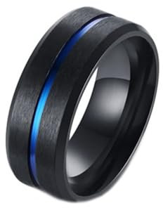 Dsnyu Männer Ringe Edelstahl, Trauringe Schwarz Blau Gebürsteter Streifen Breit 8mm Herren Schmuck für Hochzeit Größe 62 (19.7)