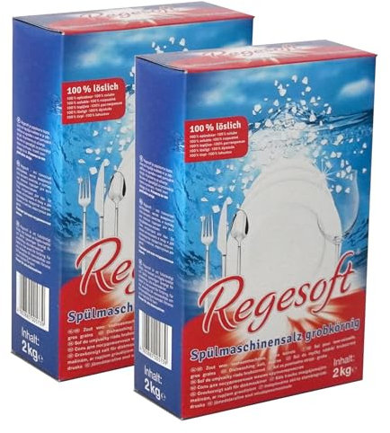 K+S Regesoft 1-6 4kg Geschirrspülsalz | 2 x 2kg Packung Spülmaschinensalz | Spezialsalz gegen Kalk Wasserflecken | Glänzendes Geschirr | Weiches Wasser