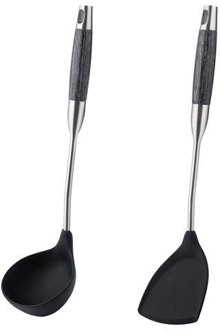 FJNATINH Silicone Wok Spatula,Slotted Spatulas,Ladle,Skimmer Ladle Tool Set,Non Stick Heat-Resistant Cooking Utensils BPA Free Kitchen Utensils Cookware (Black Stainless Steel-2PCS)