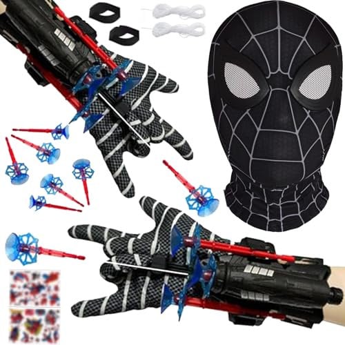 STFYUG 2 Stück Launcher Handschuh, Spiderm Launcher Handschuh, Spiderm Hero Handschuhe, Super Spider Launcher mit Maske und Aufkleber Cosplay Spiderm Handschuhe Spiderm Launcher Spielzeug (A)