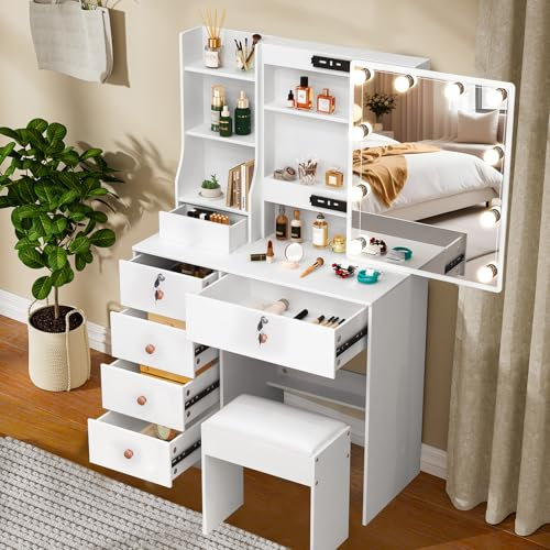 Teousev Postazione Trucco con Sgabello e Specchio, Toeletta Trucco con Luci, Toilette Trucco con 6 Cassetti e 6 Ripiani Aperti, 80X36X131cm, Moderno, Bianco, J050106