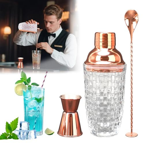 Cocktail Shaker, Cocktail Mixer, Shaker Edelstahl Cocktails - Glas Cocktailshaker, Cocktail Set, Edelstahl Deckel, Integriertem Sieb, Shaker für Cocktails Mixer löffel (Roségold)