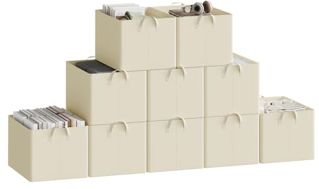 WOLTU Set of 10 Foldable Storage Boxes, Fabric Storage Baskets with Handles, Wardrobe Storage Organisers, Clothes Storage Boxes for Shelves, Cream, 47x35x29cm | Made of polyester fabric, for bedroom, study, living room, for clothes, toys, organiser box with handles, foldable