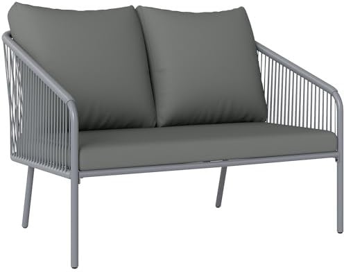 Outsunny Gartensofa mit Kissen 2-Sitzer Sofa Outdoor Balkon Sofa Rattansofa Polyrattan Gartenmöbel Balkonmöbel 112 x 72 x 76 cm Grau