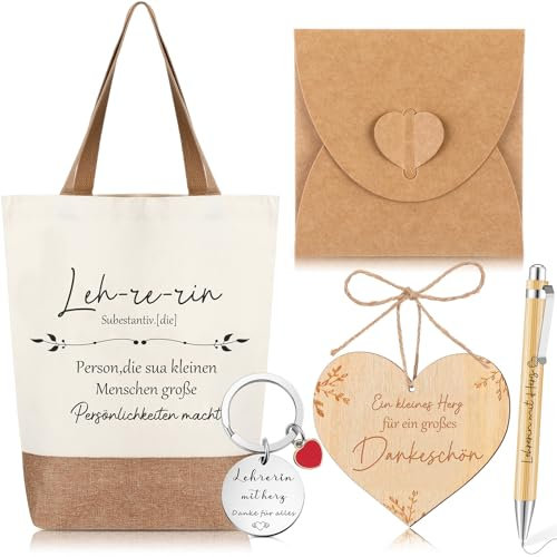 Xuniea 6 Stück Danke Geschenke für Lehrerin Stofftasch Danke Holzanhänger Briefumschläge Schlüsselanhänger Kugelschreiber mit Spruch Lehrerin mit Herz Hanfseil Lehrergeschenk Abschiedsgeschenk(Blatt)