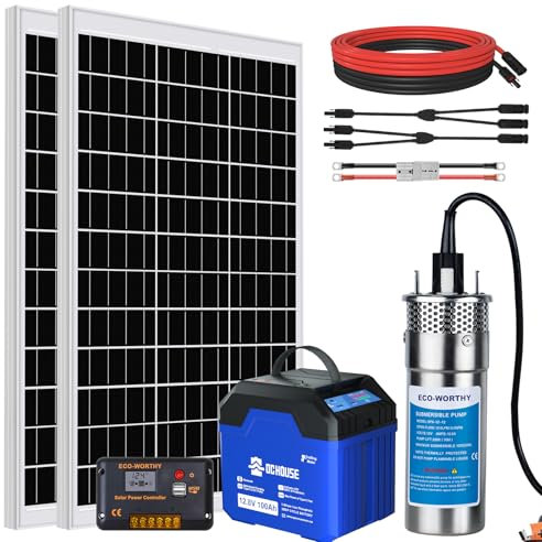 DCHOUSE Set di pompe dell'acqua per fontane profonde, con pompa sommergibile da 12 V DC + 2 pannelli solari da 120 W + batteria Bluetooth da 100 AH + regolatore da 20 A per fontane, stagni, fontane e
