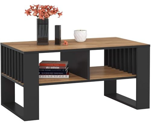 AKORD | Tavolino da Salotto in Legno - ROCKFORD | Tavolo da Caffè con gambe un Ripiano | Coffee Table | Tavolini Basso Moderno | Arredamento Casa | 92 x 45 x 53 cm | Rovere Artigianale & Nero
