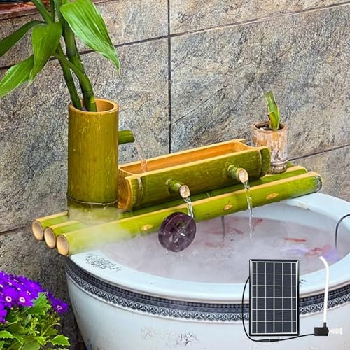 Fontaine en Bambou avec Pompe, Fontaine À Bascule Traditionnelle Japonaise en Bambou, Kit De Fontaine Solaire en Bambou(30cm)