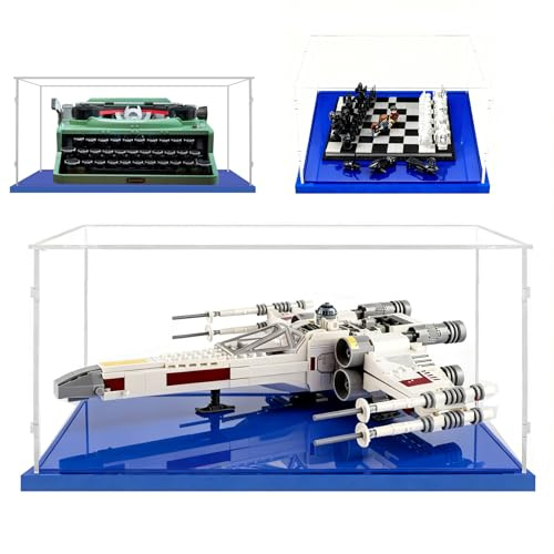 Vitrine 35x30x15 für Lego X Wing Ucs 75301 Schreibmaschine 21327 76392 | Schnelle Installation,Staubschutz,Transparent,Acryl,Blau Basis