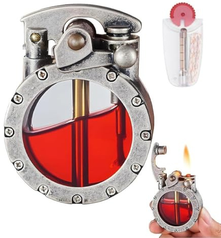 Vintage Rocker Clear Bin Kerosene Lighter, Vintage Handmade Metal Trench Lighter with Transparent Oil Tank, Retro Unique Steampunk Design for Outdoor Camping BBQ, Gifts for Men Dad Husband(No Fuel)