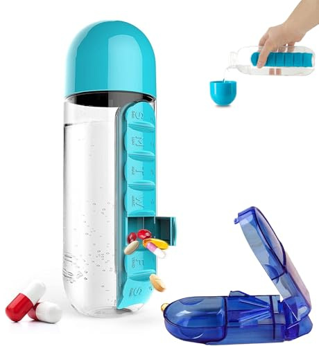 2 in 1 Pill Cutter and Pill Box Cup | 600 ML Detachable Water Bottle with 7-Day Pill Organiser, Tablet Splitter & Storage for Travel, Family, Work (Blue)