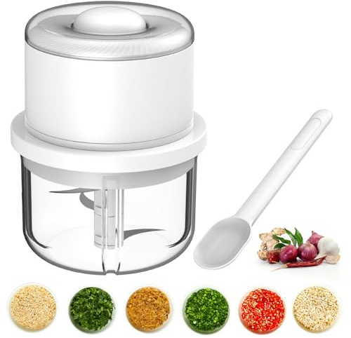 Mini Zwiebel Zerkleinerer Elektrisch, 350ml USB Zwiebelschneider Elektrisch Mit Löffel, 6 Edelstahlklingen Kabelloser Klein Zwiebelzerkleinerer, Geeignet für Zwiebeln, Obst, Nüsse, Fleisch, Knoblauch