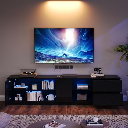 Merax 160 cm TV-Ständer für 65 Fernseher – Hochglanz Lowboard mit LED-Beleuchtung und Schubladen – Schwarzer Fernsehschrank mit gehärtetem Glas für Wohnzimmer & Schlafzimmer