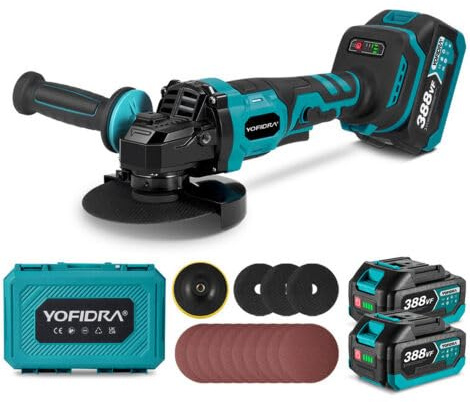 Smerigliatrice Angolare Brushless 125mm, 2in1, 3 Velocità Regolabili, 388Vf 4000mAh ×2 Batterie, 12000RPM, Compatibile con Batteria Makita, con Valigetta e Accessori