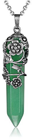 JSDDE Vintage Silver Flower Wrapped Green Aventurine Healing Crystal Pendant Necklace