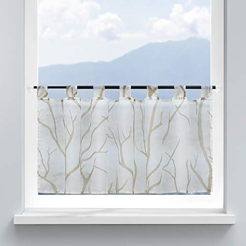HongYa Scheibengardine Küche Voile Bistrogardine mit Schlaufen Transparente Gardine für Kleinfenster Äste Muster H/B 60/90 cm Weiß Sand