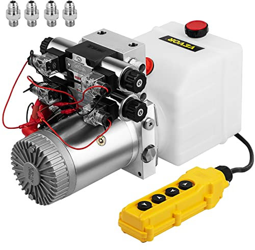 Happybuy Pompe hydraulique à double action - Unité d'alimentation hydraulique - Double solénoïde - Alimentation hydraulique 12 V CC - Réservoir de 4,5 litres - Pour remorque, levage de voiture