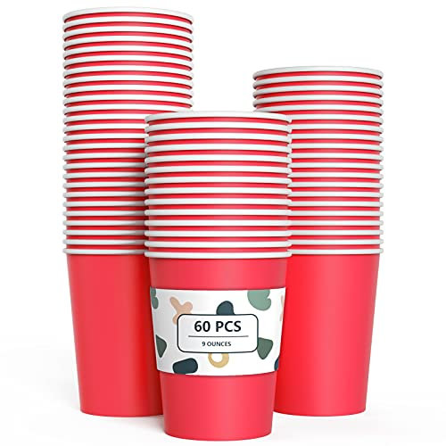 Jinle Lot de 60 gobelets en carton jetables biodégradables et compostables pour fête, anniversaire, bricolage - Rouge - 266 ml