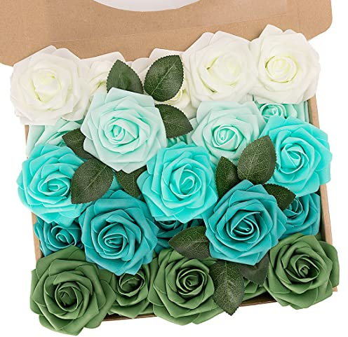 N&T NIETING Artificial Roses Flowers, 25pcs Real Touch Fake Roses Foam Roses Flowers with Stem for DIY Wedding Bridesmaid Bridal Bouquets Centerpieces Party Cake Decoration, Series Green