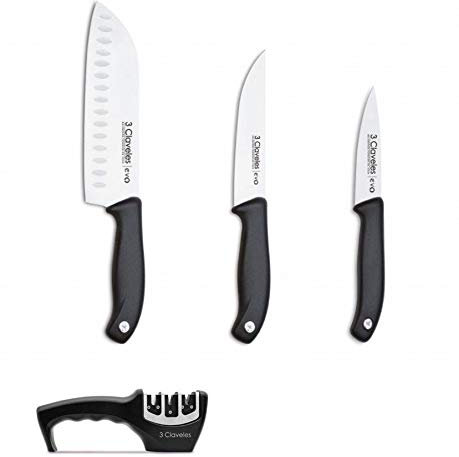 3 Claveles 01734-Set Set Cuchillos, Verduras 9cm + Cocina 13,5cm + Santoku 18cm + Afilador