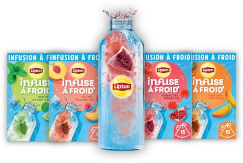 Lipton Coffret Cadeau Infuse à froid, 4 Parfums, Boisson d'été rafraichissante, Eau aromatisée healthy, Grenade Hibiscus, Pêche Framboise, Mangue Rooibos, Menthe Citron Vert, (60 sachets et 1 Gourde)