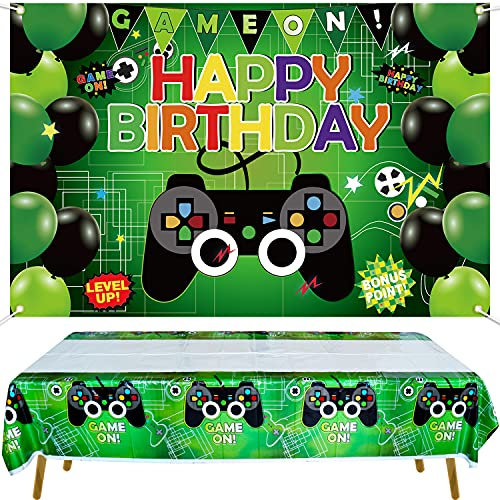 KEFAN Video Game Birthday Party Backdrop and Table Cover Set, Happy Birthday Game on Background, Plastic Game Theme Table Cover (Green)