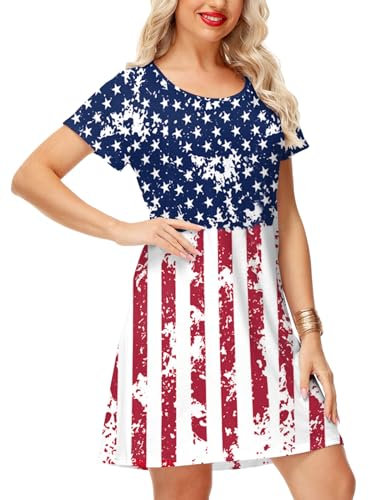 Deerose 4. Juli Damenkleider, USA-Flagge, Gedenktag, T-Shirt-Kleid mit Taschen, US-Flagge, Groß