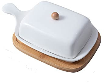 luckxuan Mantequera Caja de Sellado de Mantequilla, Placa de Mantequilla de cerámica, Blanco, con Tapa de Madera Bandeja de Almacenamiento Bandeja de Mantequilla Caja de contenedor Mantequillera