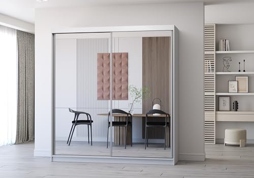 Fabryka Mebli Idźczak Kleiderschrank mit Spiegel, Schiebetüren - Schwebetürenschrank, Schlafzimmerschrank - ‎61 x 203 x 218 cm - Weißer Schrank für Schlafzimmer, Wohnzimmer, Garderobe