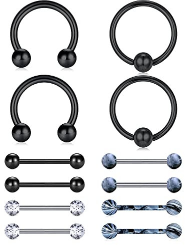 LAURITAMI 6 Paires 14G Barres de Mamelon Piercing Anneaux Noir Gland Balancent Acier Chirurgical Haltère 14/16mm Barbell Piercing Bijoux