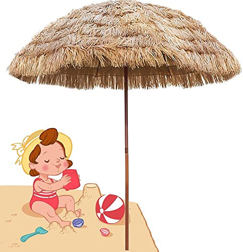 2M / 8 Baleines Solide Parasol de Plage, Anti UV et Vent, Parasol de Patio de Jardin Extérieur Pliable Portable, Parapluie de Style Hawaïen Tropical