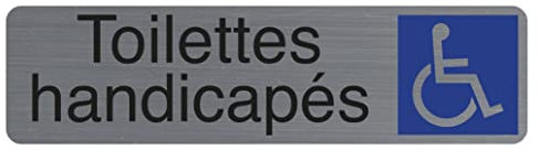 Exacompta - Réf. 67164E - 1 plaque de porte adhésive Toilettes handicapés - Plaque murale imprimée de signalisation - Sur tous supports - Aspect aluminium brossé - Dimensions : 16,5 x 4,4 cm