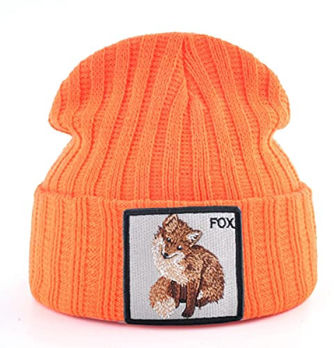 PAIHUIART Strickmütze Beanie Mütze Thermo Herren Damen Hut Modische Mützen Mit Fuchs-Stickerei-Patch Winter Warme Strickmützen Damen Doppelschicht Strickmütze Mütze Herren Fester Hut Orange