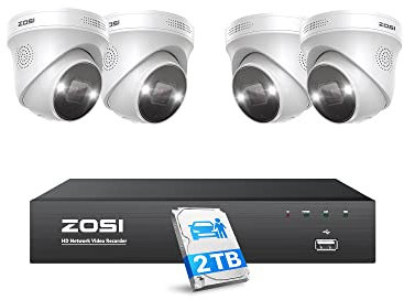 ZOSI 4K PoE CCTV Camera System with Person Vehicle Detection, 8-Port 16CH 4K NVR with 2TB HDD, 4x5MP Outdoor Indoor PoE Security Cameras, Color Night Vision, 30fps, 2 Way Audio, Sound Light Siren