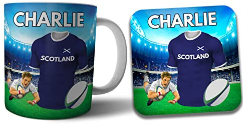 AK Giftshop Personalised Rugby Shirt Scotland Colours Mug and Coaster Gift Set