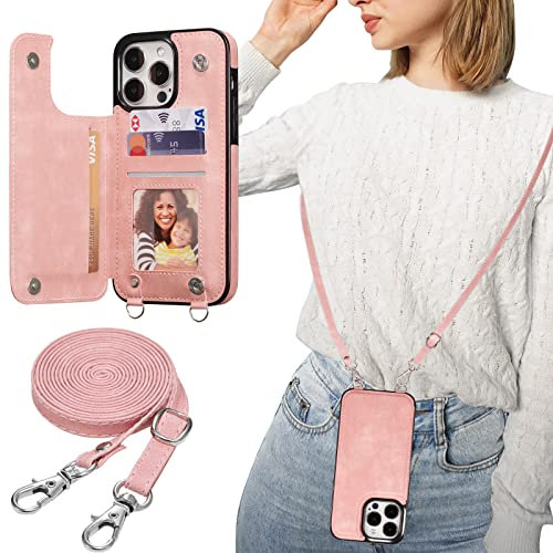 ZTOFERA Handyhülle mit Band Kette für iPhone 14 Pro Max, Matt Weiche Rückseite Hülle mit Kartenfach Kordel Schnur Umhängeband, Premium PU Leder + TPU Schutzhülle Lanyard Case, Roségold