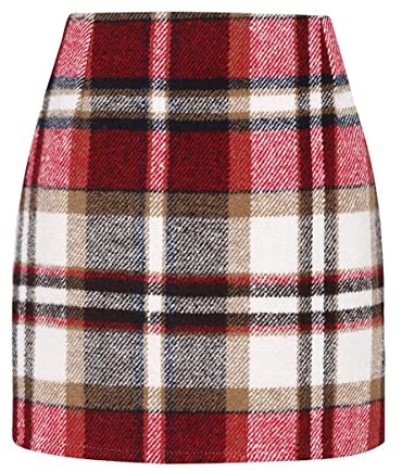 Seiveini Jupe Trapèze Femme Élégante Taille Haute Sexy Mini Moulante à Carreaux pour Femmes Hiver Automne Basique Crayon A Rouge XL