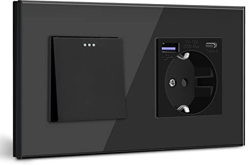 BSEED Lichtschalter mit Steckdose Schuko Unterputz Steckdose mit USB C 20W Schnellladegerät USB Type C 1 Fach 1 Weg Taste Schalter mit Glas Rahmen Wandsteckdose Geeignet für Phone, Pad-Schwarz