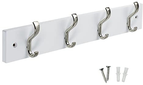 Keypak Minimalistic Wall-Mounted Coat Rack – 4 Hooks on Stylish Modern Wooden Base for Wall & Door – 38cm – All Fixings Included (Satin Nickel/White)