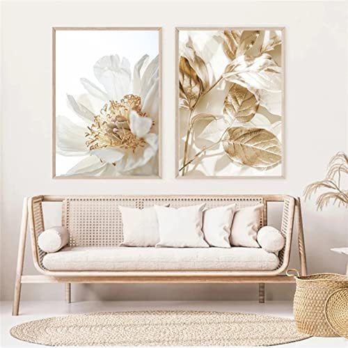 Sarah Duke Premium Poster 2er Set, Gold Blätter Weiß Blumen Wandbilder Leinwand Bilder, Leichter Luxus Wanddeko Poster Wohnzimmer, Ohne Rahmen (40 x 50 cm)