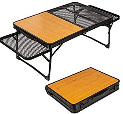 JTBDWOSK Bambus Campingtisch Klappbar Mit Netzablage, Camping Tisch Faltbar 3 Höhenverstellbar Aluminiumrahmen Für Outdoor Garten,Braun