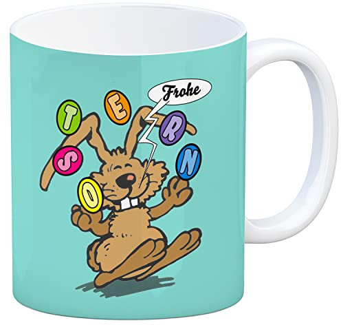 Frohe Ostern! Osterhase jongliert mit Ostereiern Kaffeebecher in türkis Tasse für Osterfeiertage um allen Frohe Ostern zu wünschen Ostertasse für Freunde und Familie zum