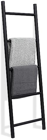 FUIN Fully Assembled 5ft Bamboo Black Blanket Ladder Living Room Wood Decorative Wall Leaning Rustic Farmhouse Bathroom Quilt Towel Display Rack Holder