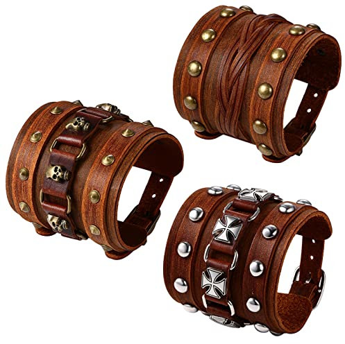 Flongo Lederarmband Set Herren Breites Manschette Armband mit Nieten Kreuz Totenkopf Punk Biker Geflochten Armbänder Armreif mit Schnalle Schdädel verstellbar braun