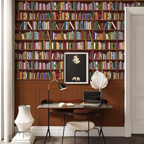 Vintage Bookshelf Wallpaper Peel and Stick Large Library Wall Mural(148 W x 98 H) Retro Wall Paper Home Decoration for Living Room Office Coffee Shop
