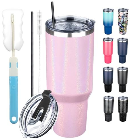 GUDEMAO 40 oz Tumbler with Lids and Straws, Stainless Steel Insulated Coffee Tumbler, Double Wall Vacuum Insulated Travel Mug Cup, Leakproof Thermal Coffee Cup for Hot and Cold Drinks (Glitter Pink)