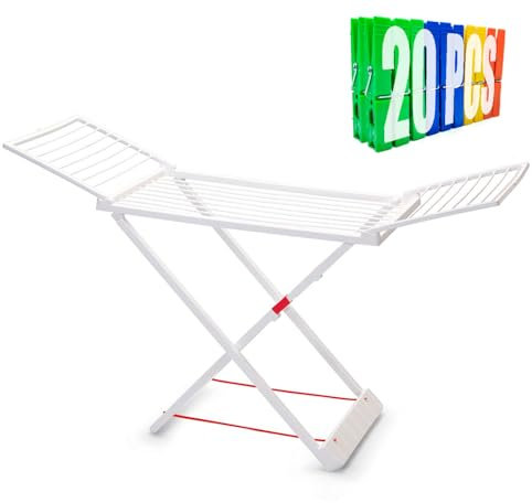 Acan Tradineur - Tendedero Plegable 100% de Resina, 20 Metros de Espacio de tendido. Fabricado en España, con Bloqueo de Seguridad, 180 x 108 x 55 cm, Incluye 20 Pinzas (Blanco).