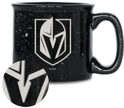 Rico Industries NHL Hockey Vegas Golden Knights Kaffeetasse, gesprenkelter Camper, tiefes Lasergravur-Logo, Keramik, Campingbecher, gesprenkelte Glasur, 425 ml, Schwarz