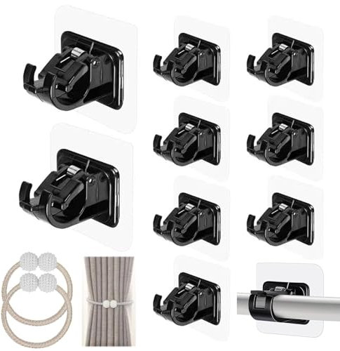 10 Pezzi Ganci per Tende Senza Bucare,Supporto per Bastone per Tenda Autoadesivo,Ganci per Asta da Tenda Adesivi per Parete,Supporti per Ganci per Tendaggi per Uso da Casa Bagno e Hotel（Nero)